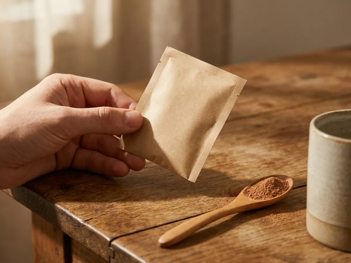 Main tenant un petit sachet kraft neutre entièrement vierge au-dessus d'une table en chêne patiné où sont posées une cuillère de poudre brune et une tasse en grès