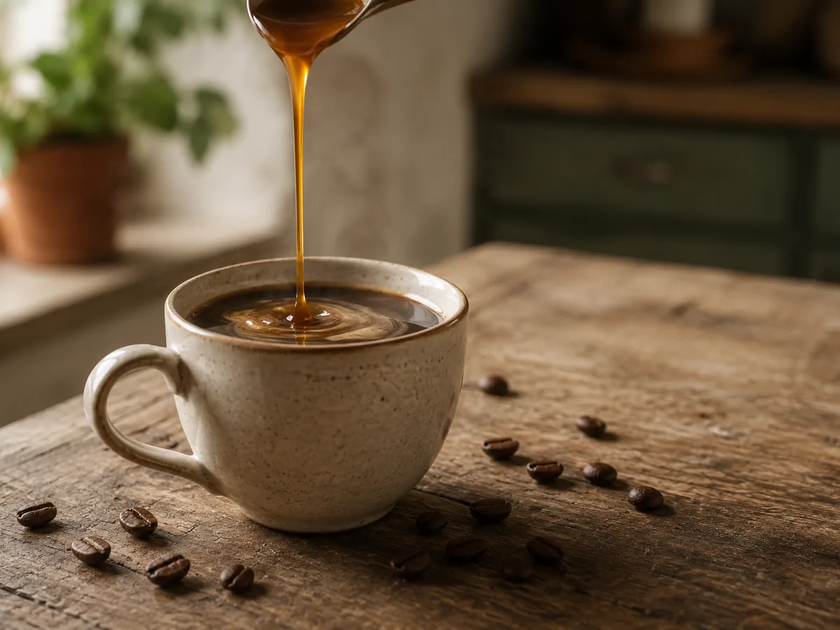 Filet de sirop de caramel qui coule dans une tasse de café
