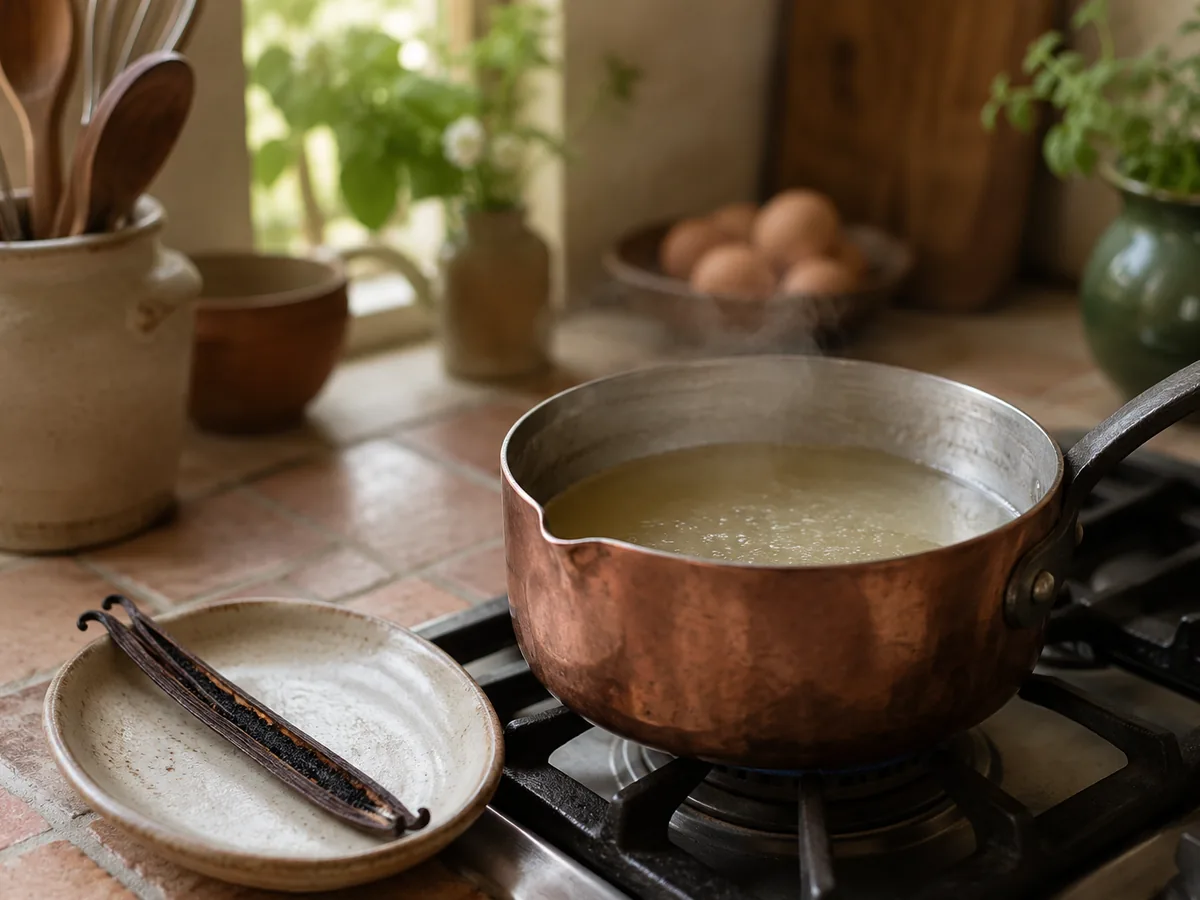 Casserole en cuivre avec un sirop de sucre en préparation et une gousse de vanille