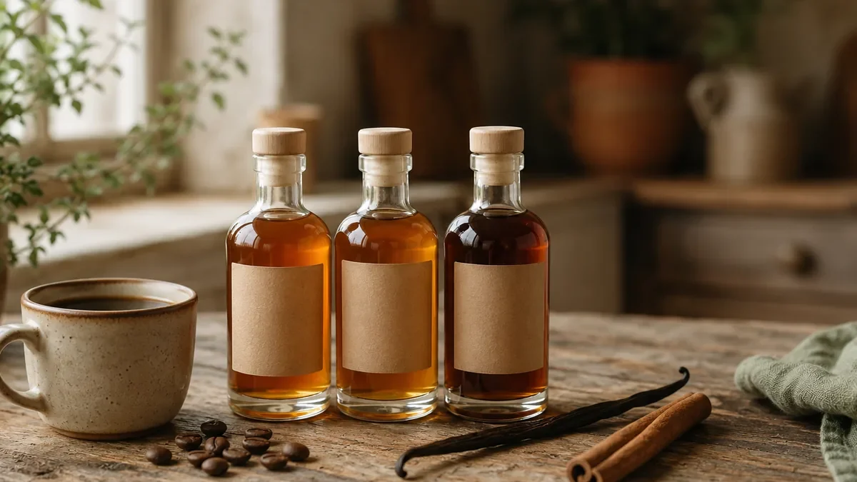 Trois bouteilles de sirop maison pour le café avec une tasse et des grains de café