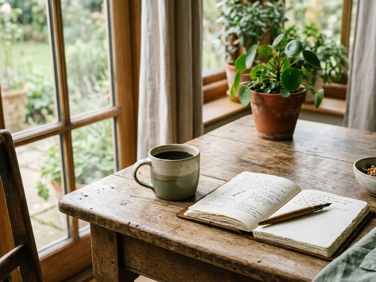 Table de petit déjeuner en chêne patiné, une tasse de café noir, un carnet ouvert et une plante en pot de terre cuite floue à l'arrière-plan