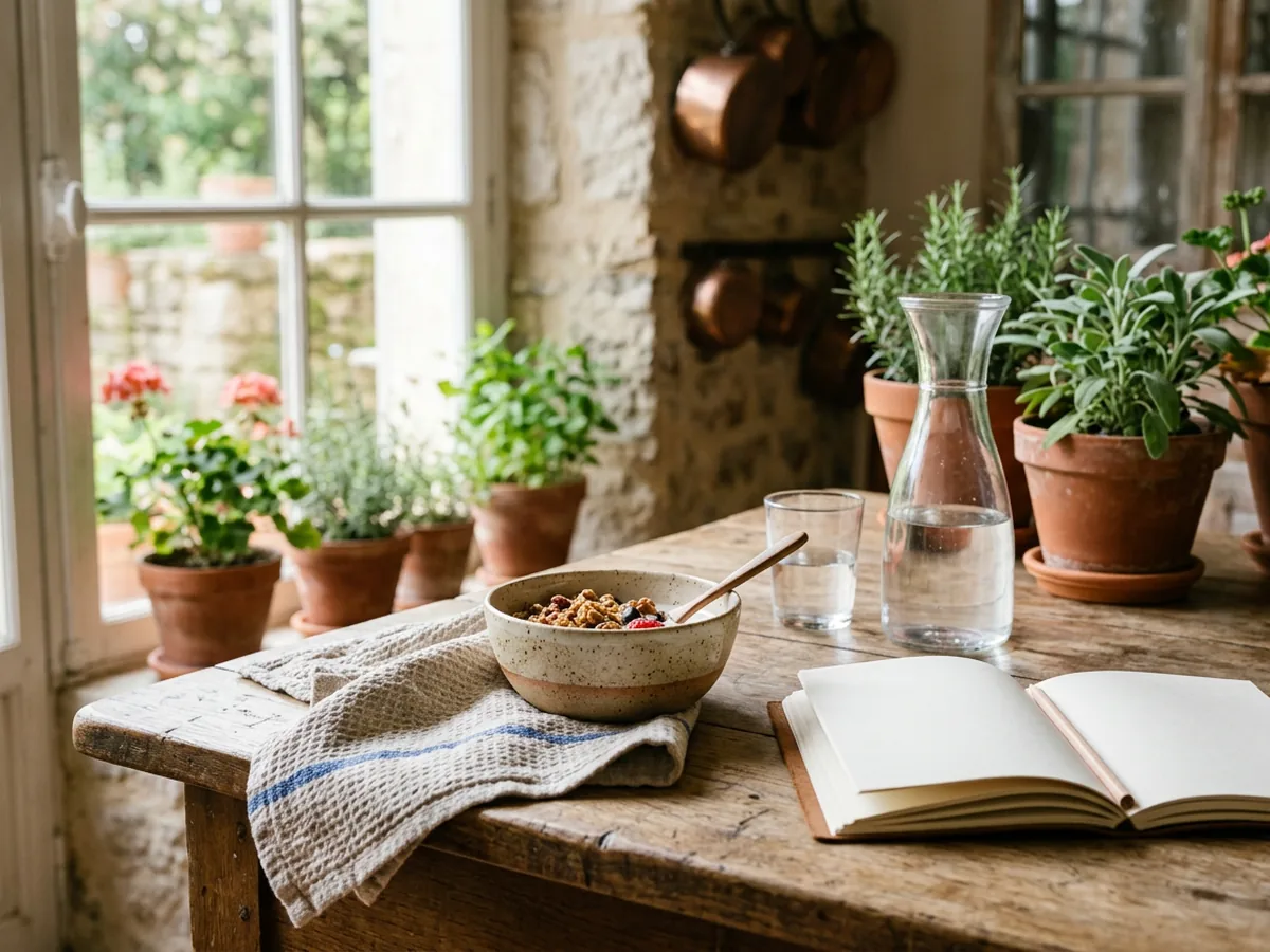 Table de petit déjeuner en chêne patiné, un bol en grès artisanal, une carafe d'eau, un carnet d'entraînement ouvert et un torchon en lin