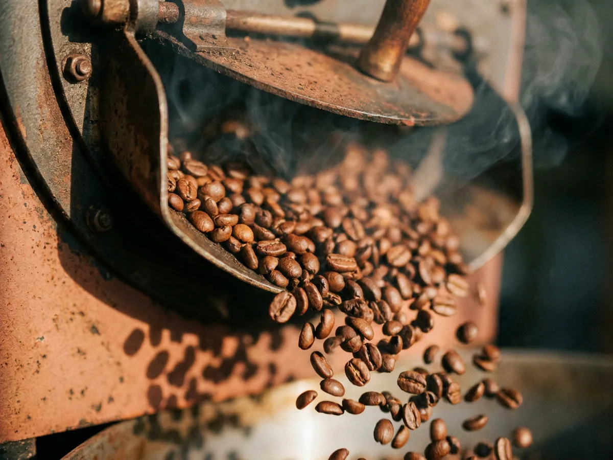 Grains de café qui sortent d'un tambour de torréfaction artisanal en métal