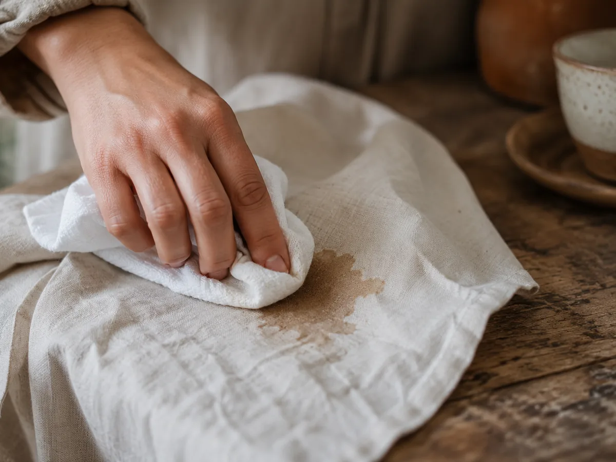 Main tamponnant une tache de café sur un tissu avec un chiffon blanc