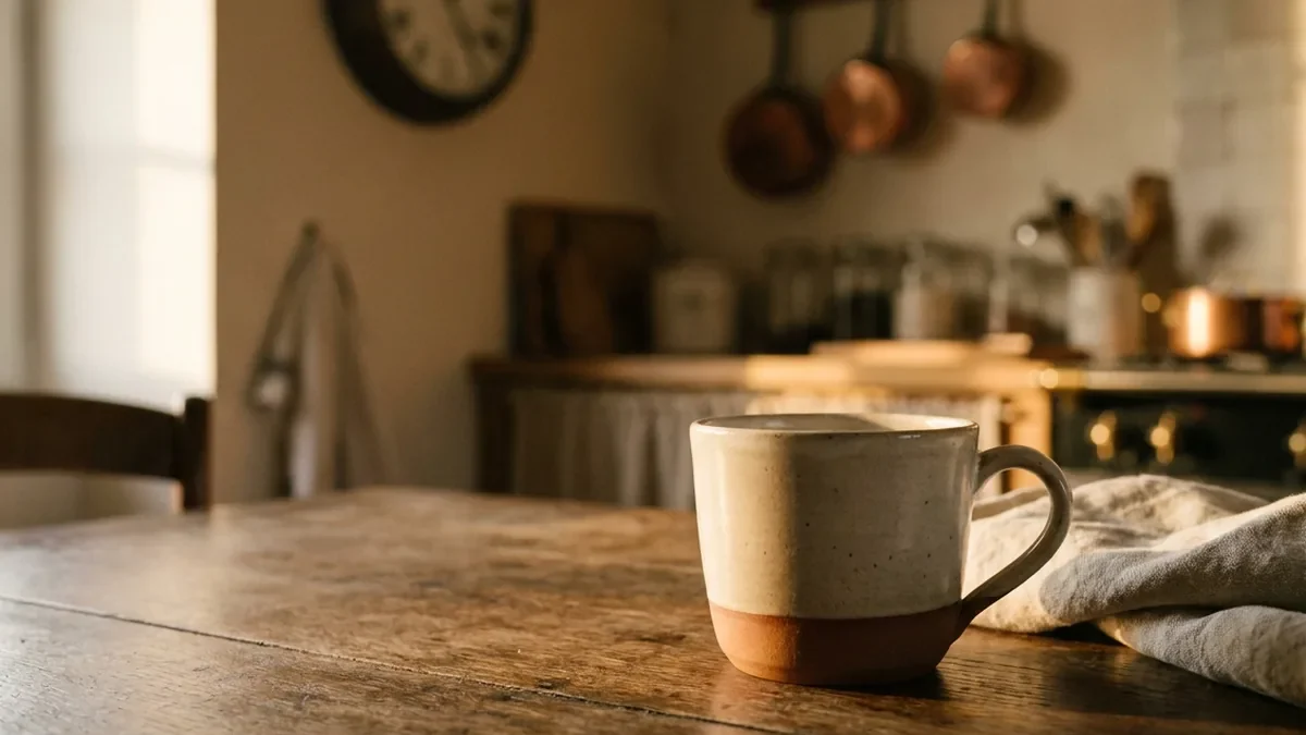 Tasse de café en grès artisanal posée sur une table en chêne patiné en fin de journée, lumière rasante et chaude de fin d'après-midi