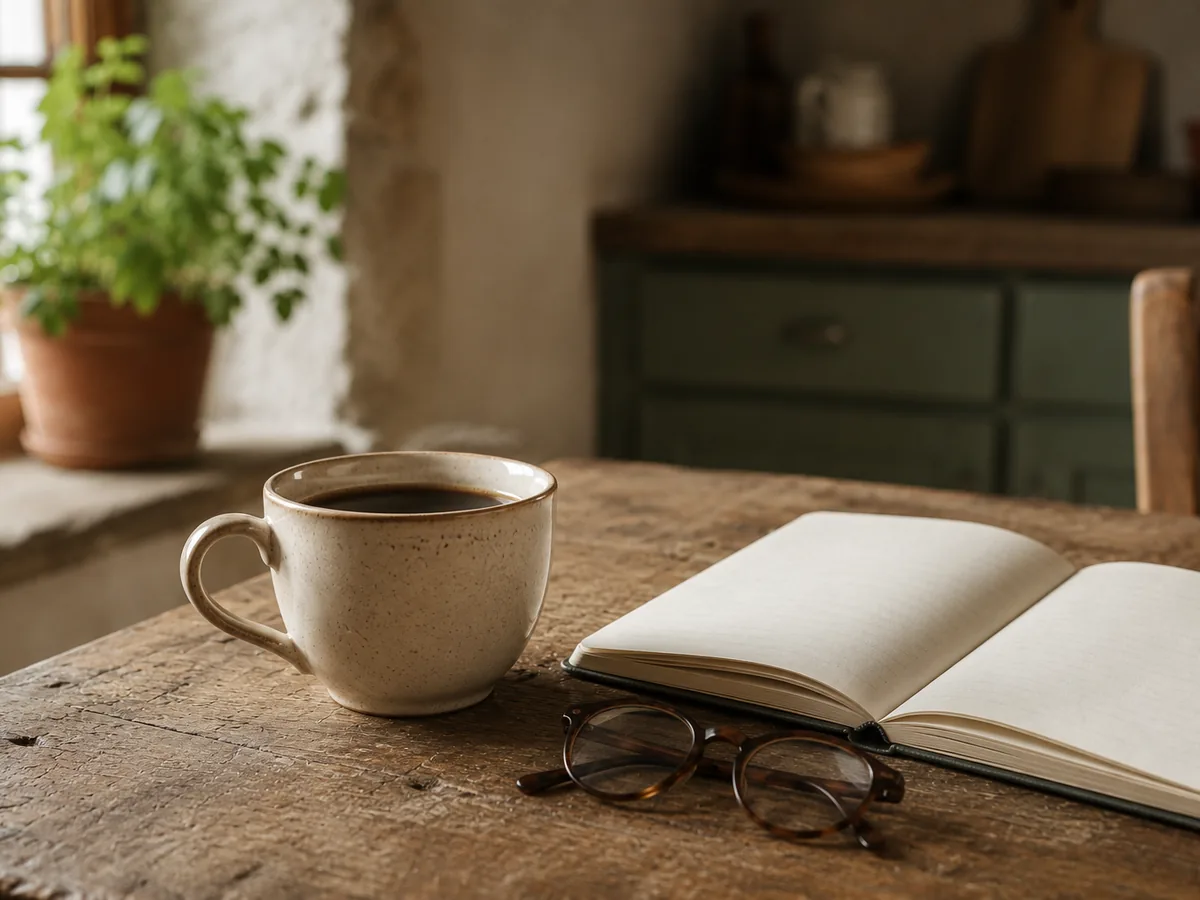 Tasse de café à côté d'un carnet ouvert et d'une paire de lunettes
