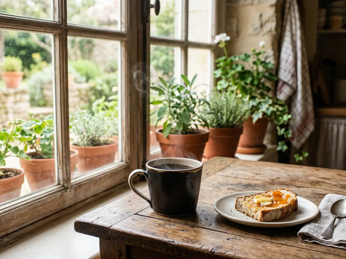 Tasse de café filtre fumante posée près d'une fenêtre sur une table en chêne patiné, avec un petit déjeuner simple et des plantes en pot de terre cuite floues