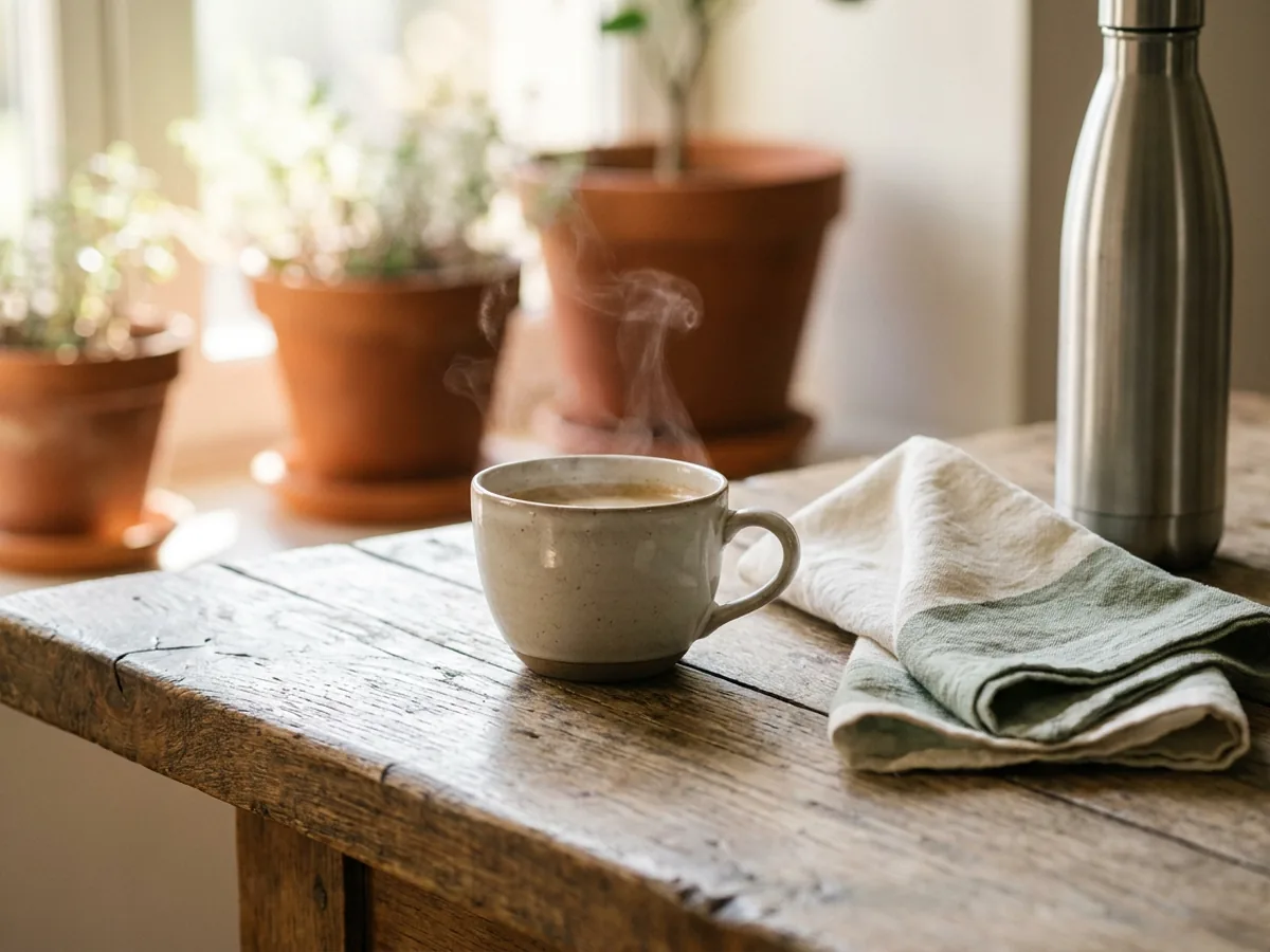 Tasse de café fumante posée au bord d'une table en chêne patiné, une serviette de sport en lin pliée et une gourde en inox à côté
