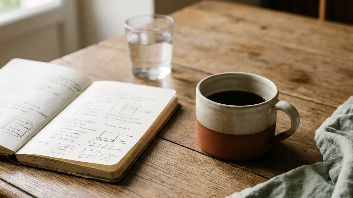 Tasse de café noir en grès artisanal posée sur une table en chêne patiné, à côté d'un carnet ouvert et d'un verre d'eau, ambiance calme de fin de matinée
