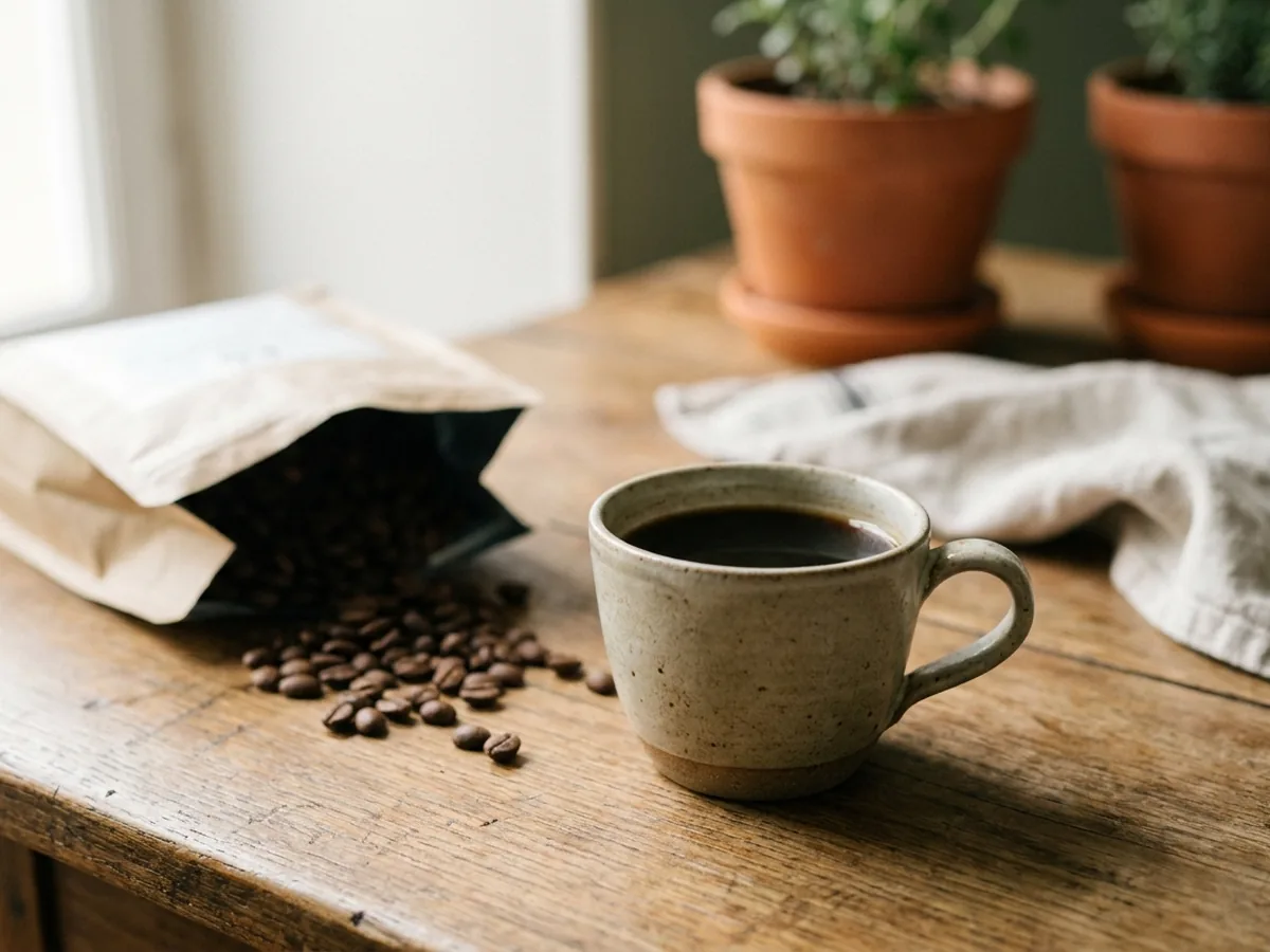 Tasse de café noir en grès artisanal posée à côté d'un paquet de café en grains ouvert et de quelques grains éparpillés sur une table en chêne