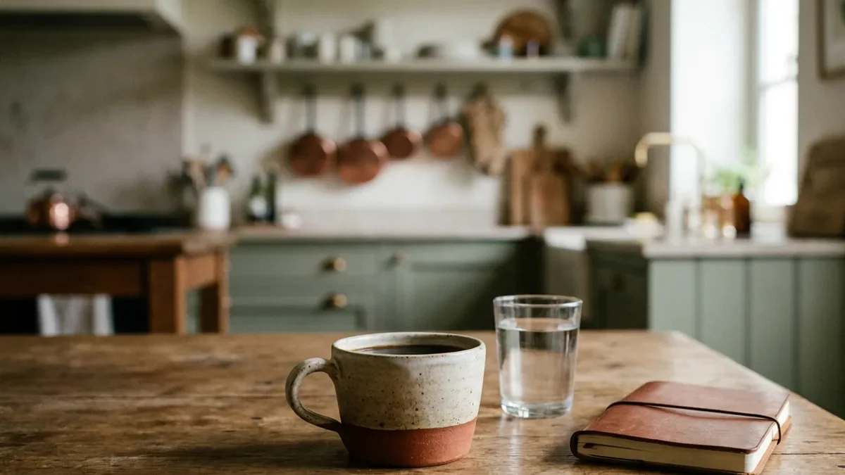 Tasse de café noir en grès artisanal posée sur une table en chêne patiné, à côté d'un verre d'eau et d'un petit carnet fermé, ambiance calme