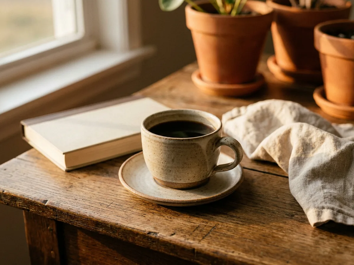 Tasse de café noir posée sur une soucoupe en grès artisanal, sur une table en chêne patiné en fin de journée, livre fermé et torchon en lin à côté