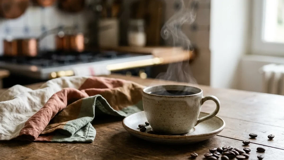 Tasse de café noir fumant en grès artisanal posée sur une table en chêne patiné, à côté d'une soucoupe et de quelques grains de café éparpillés
