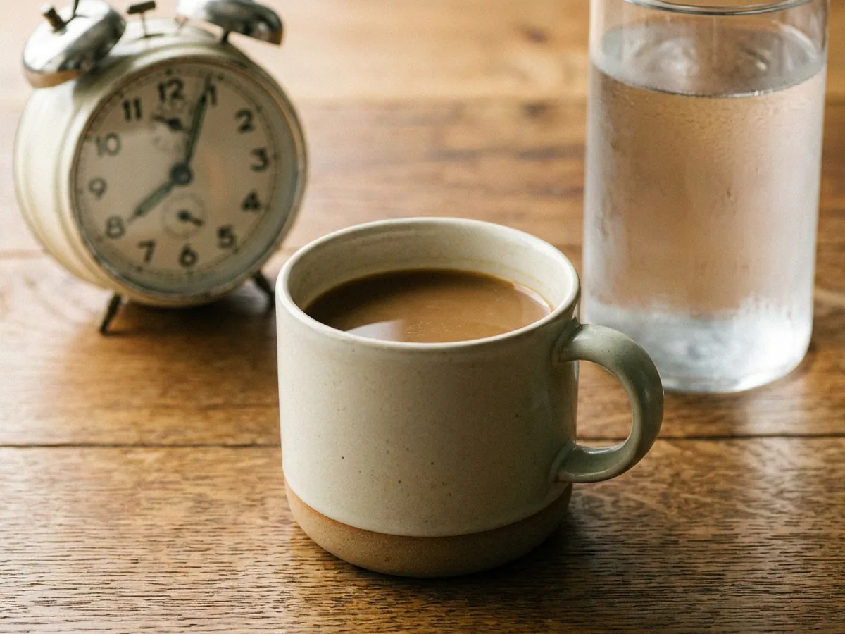 Tasse de café à côté d'un grand verre d'eau et d'un réveil analogique