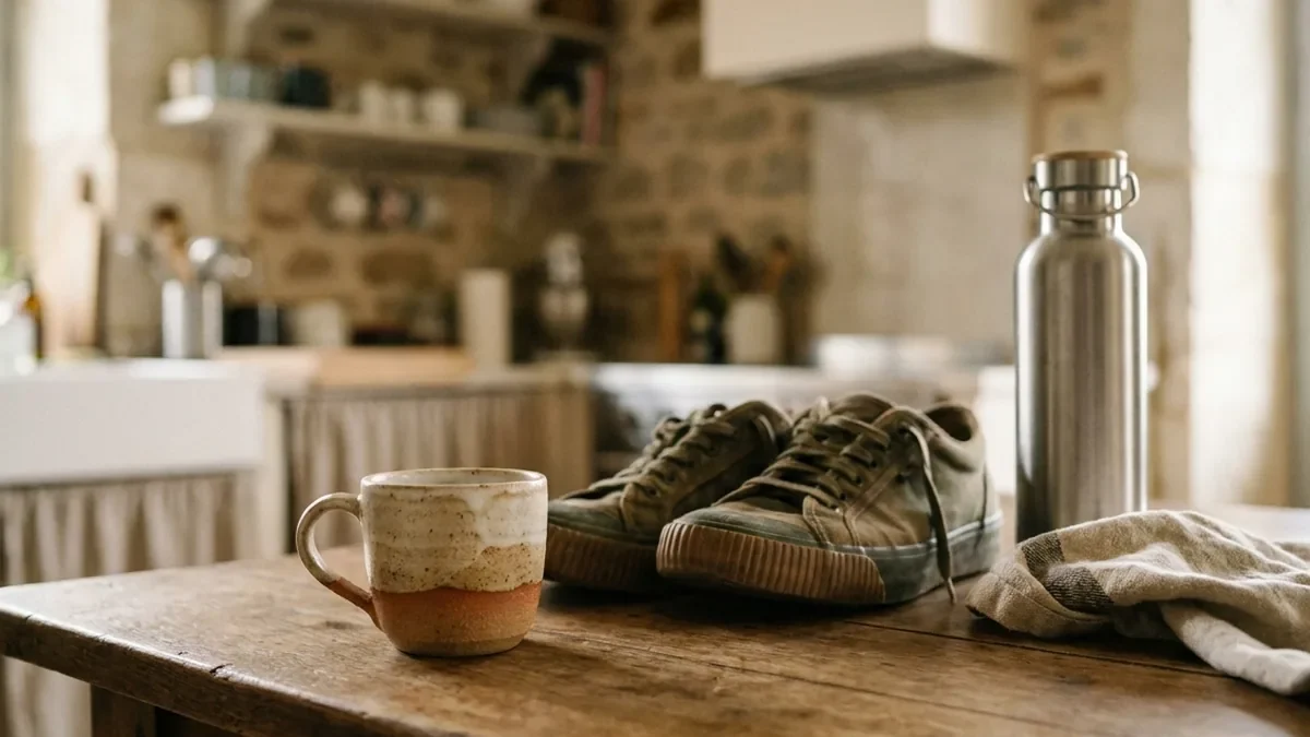 Tasse d'expresso en grès artisanal posée sur une table en chêne patiné, à côté d'une paire de chaussures de course et d'une gourde en inox, tôt le matin