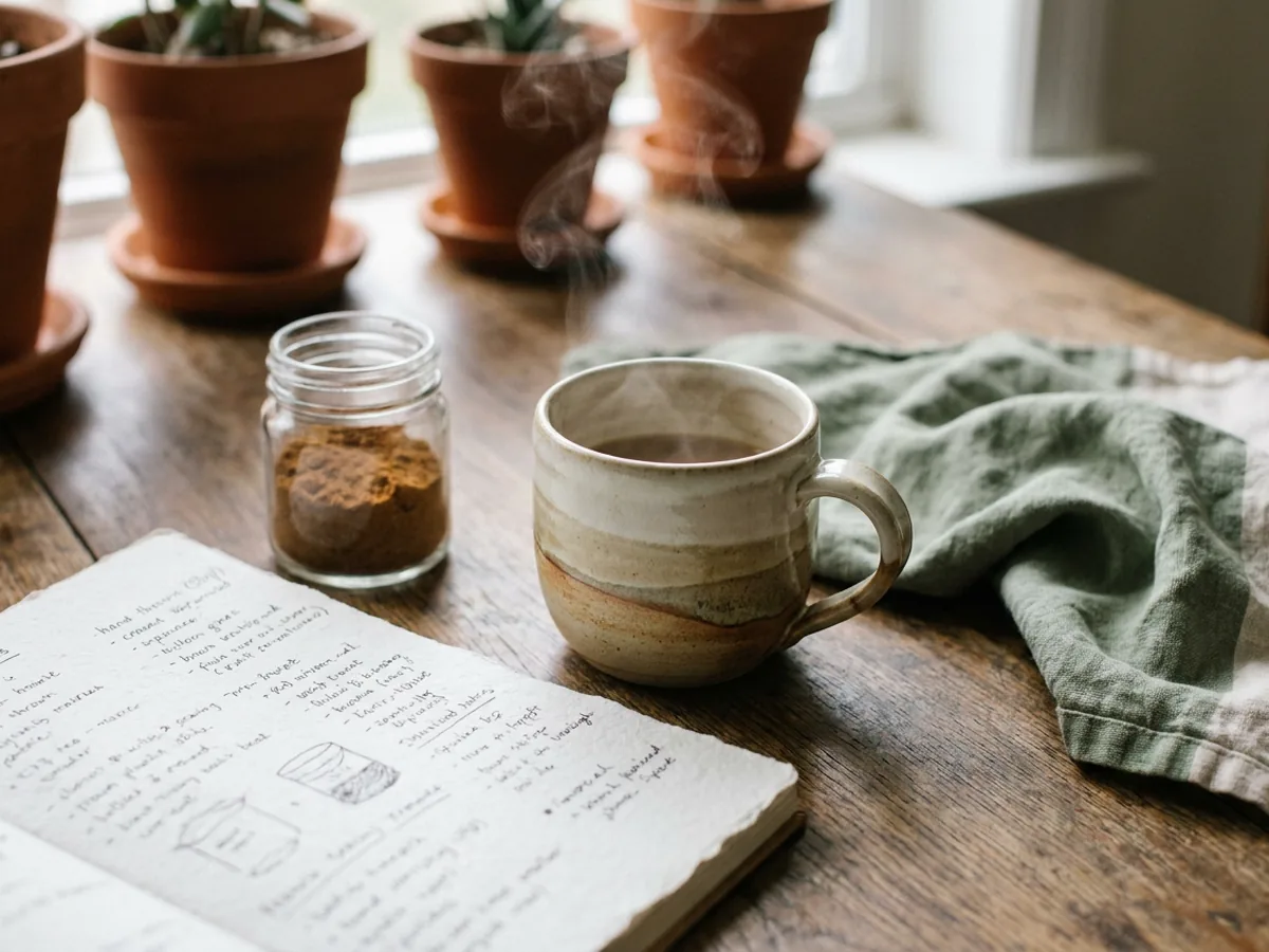 Tasse en grès artisanal fumante à côté d'un carnet ouvert et d'un petit bocal en verre contenant une poudre brune, sur une table en chêne patiné