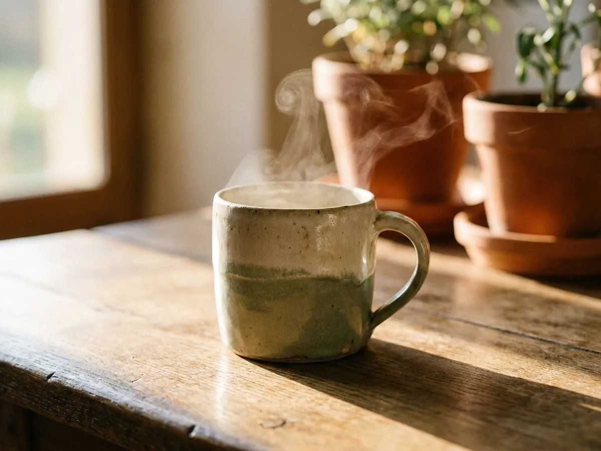 Tasse en grès artisanal fumante posée sur une table en chêne patiné, plantes en pot de terre cuite floues à l'arrière-plan, lumière de fin de journée