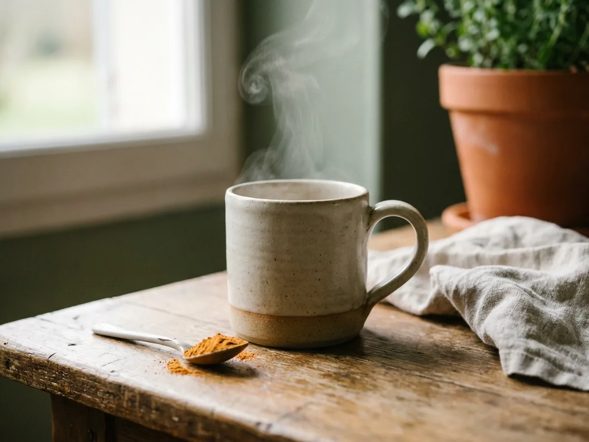 Tasse en grès artisanal fumante posée près d'une fenêtre, une petite cuillère de poudre brun orange à côté, torchon en lin et plante verte floue