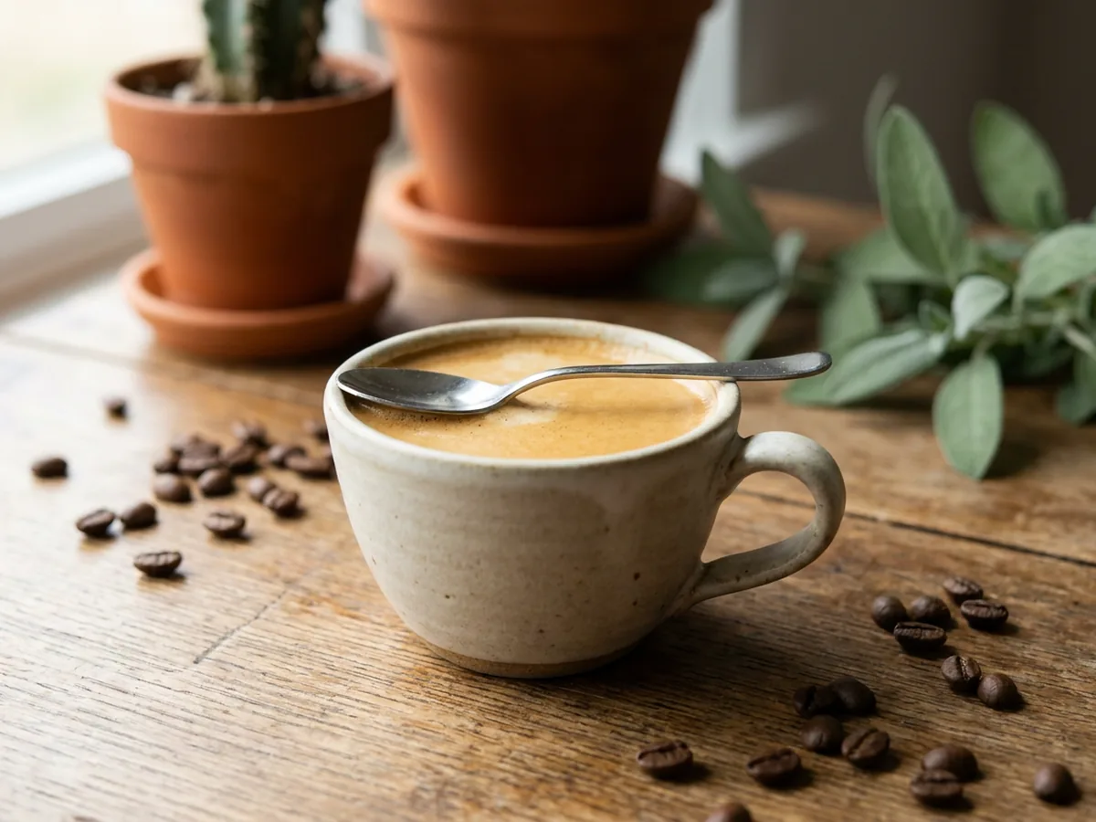 Petite cuillère en métal posée à plat sur la crema d'un espresso servi en tasse de grès, grains de café entiers éparpillés sur une table en chêne