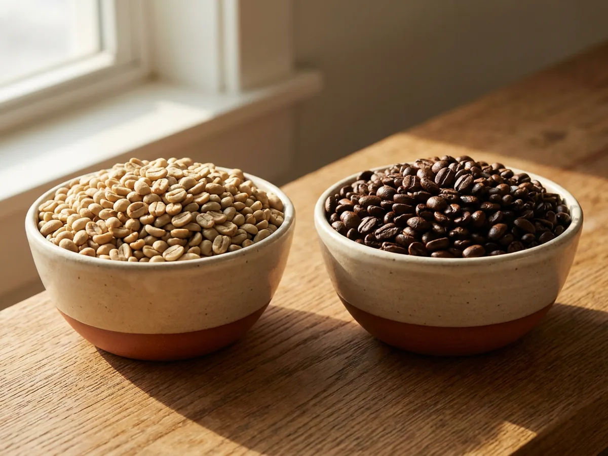 Deux coupelles en grès artisanal côte à côte, l'une remplie de grains de café à la torréfaction claire et blonde, l'autre à la torréfaction foncée et brillante