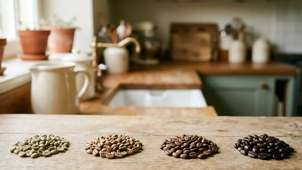 Grains de café à quatre degrés de torréfaction alignés en quatre tas sur une planche en chêne, du vert pâle au brun foncé