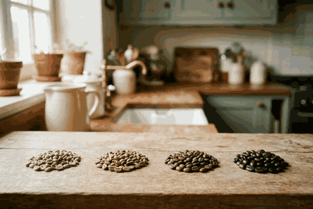 Animation de grains de café qui brunissent progressivement pendant la torréfaction
