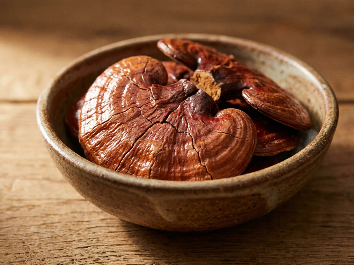 Tranches de champignon reishi séché brun rouge et vernissé dans une coupelle en grès