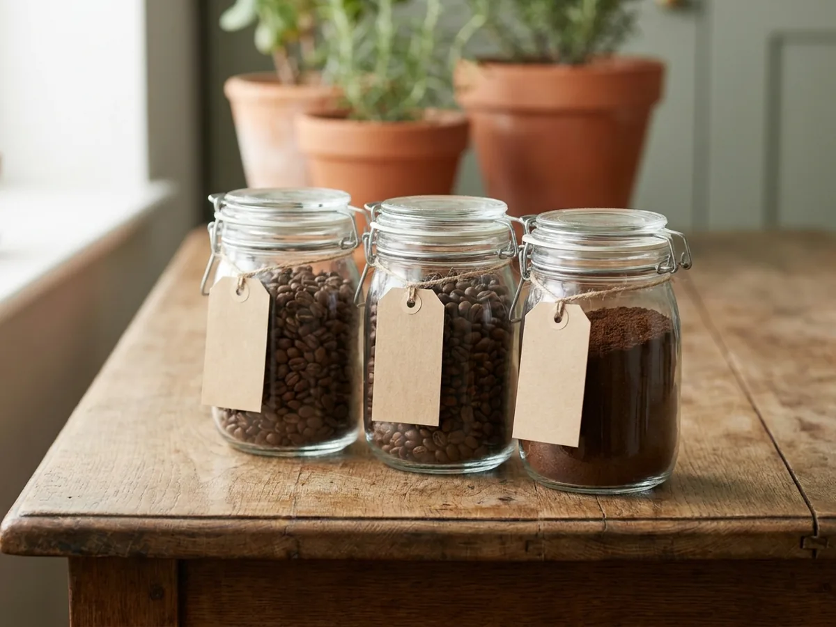 Trois bocaux en verre remplis de café en grains et de café moulu alignés sur une table en chêne patiné, étiquettes vierges sans inscription