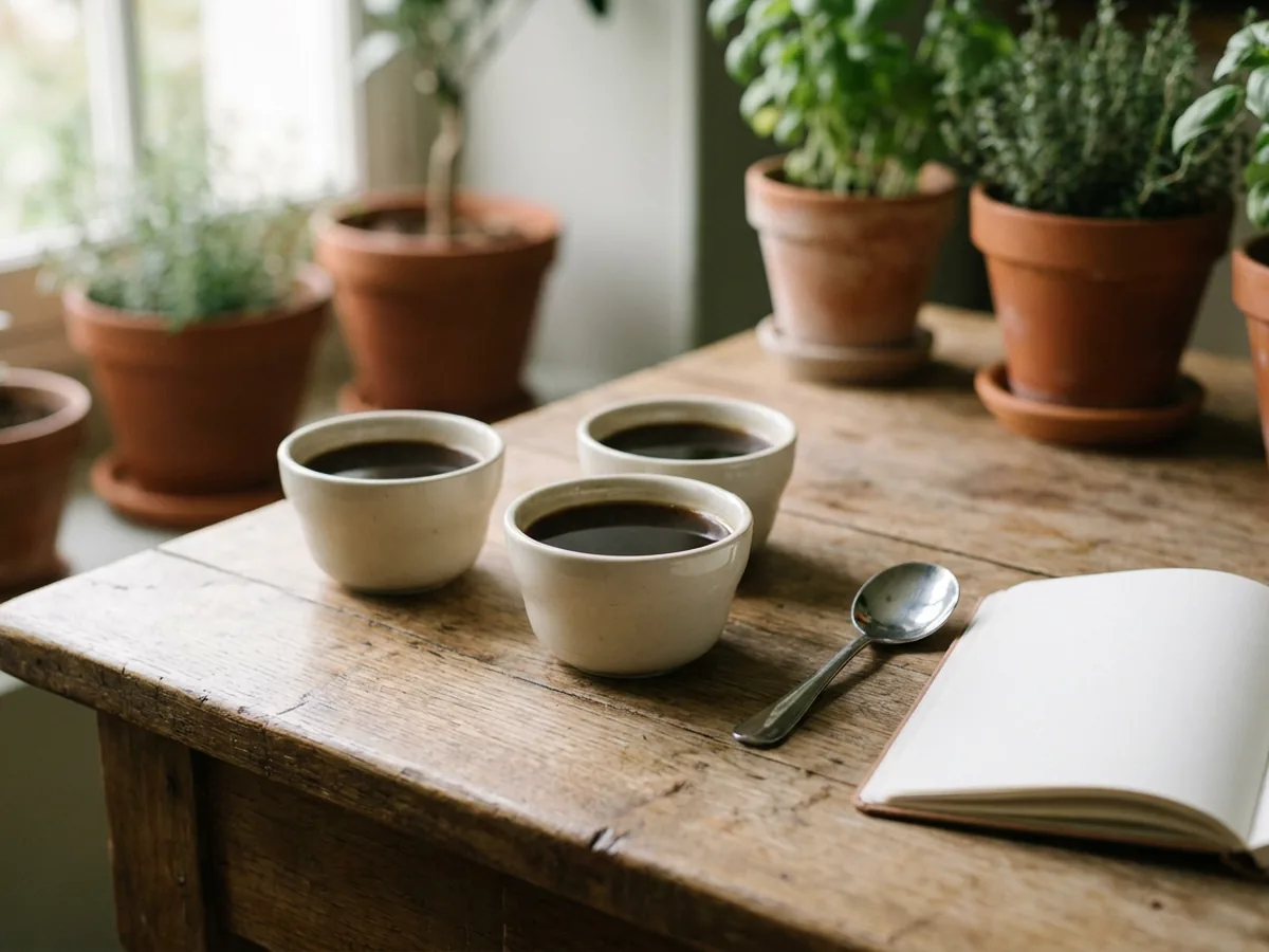 Série de trois petits bols de dégustation remplis de café noir sur une table en chêne, cuillère de cupping et carnet de notes ouvert à côté