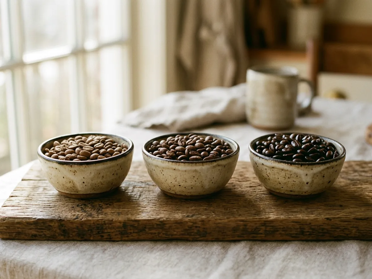 Trois petits bols en grès alignés sur une planche en chêne, contenant chacun des grains de café d'une torréfaction différente, du brun clair au brun très foncé