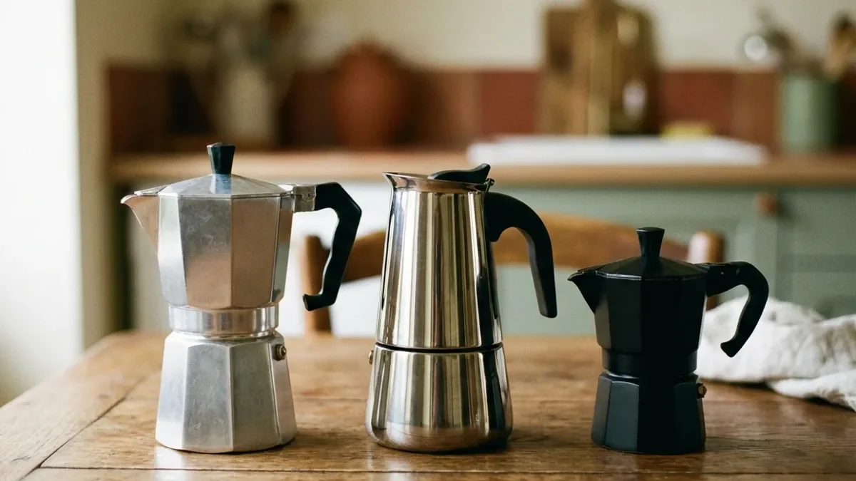 Trois cafetières italiennes alignées sur une table en chêne, une en aluminium poli octogonale, une en acier inoxydable brillant et une plus petite noire