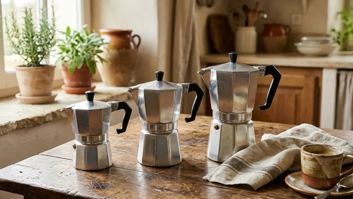 Trois cafetières italiennes en aluminium poli de tailles différentes alignées par ordre croissant sur une table en chêne patiné