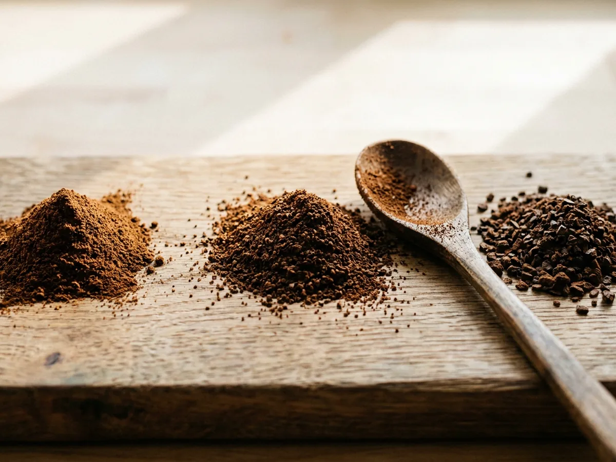 Trois petits tas de café moulu de finesses différentes alignés sur une planche en chêne patiné, du plus poudreux au plus grossier