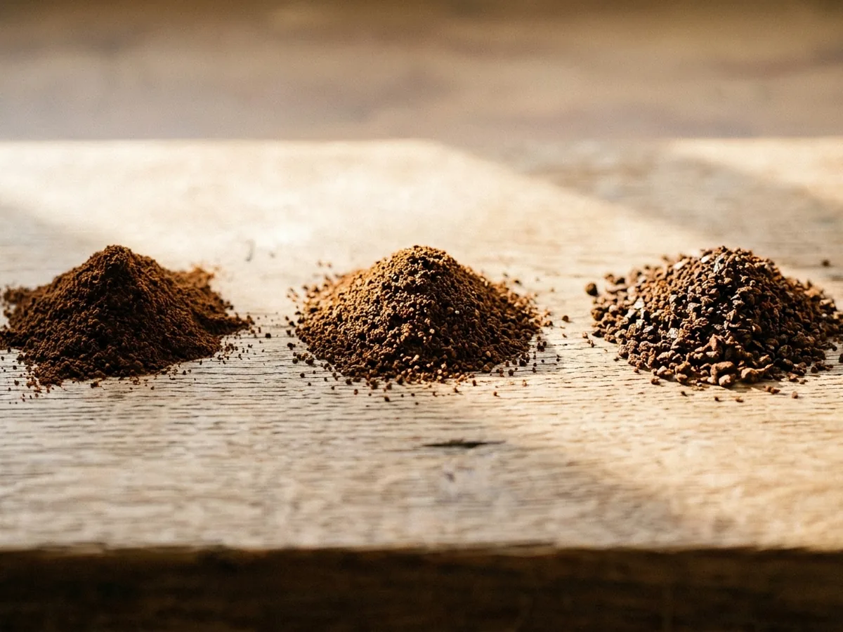 Trois tas de café moulu de finesses différentes alignés sur une planche en chêne