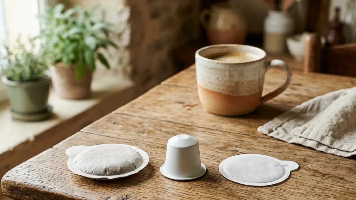 Trois formats de dosettes à café posés côte à côte sur une table en chêne patiné, une dosette souple ronde en papier, une capsule rigide et un disque plat