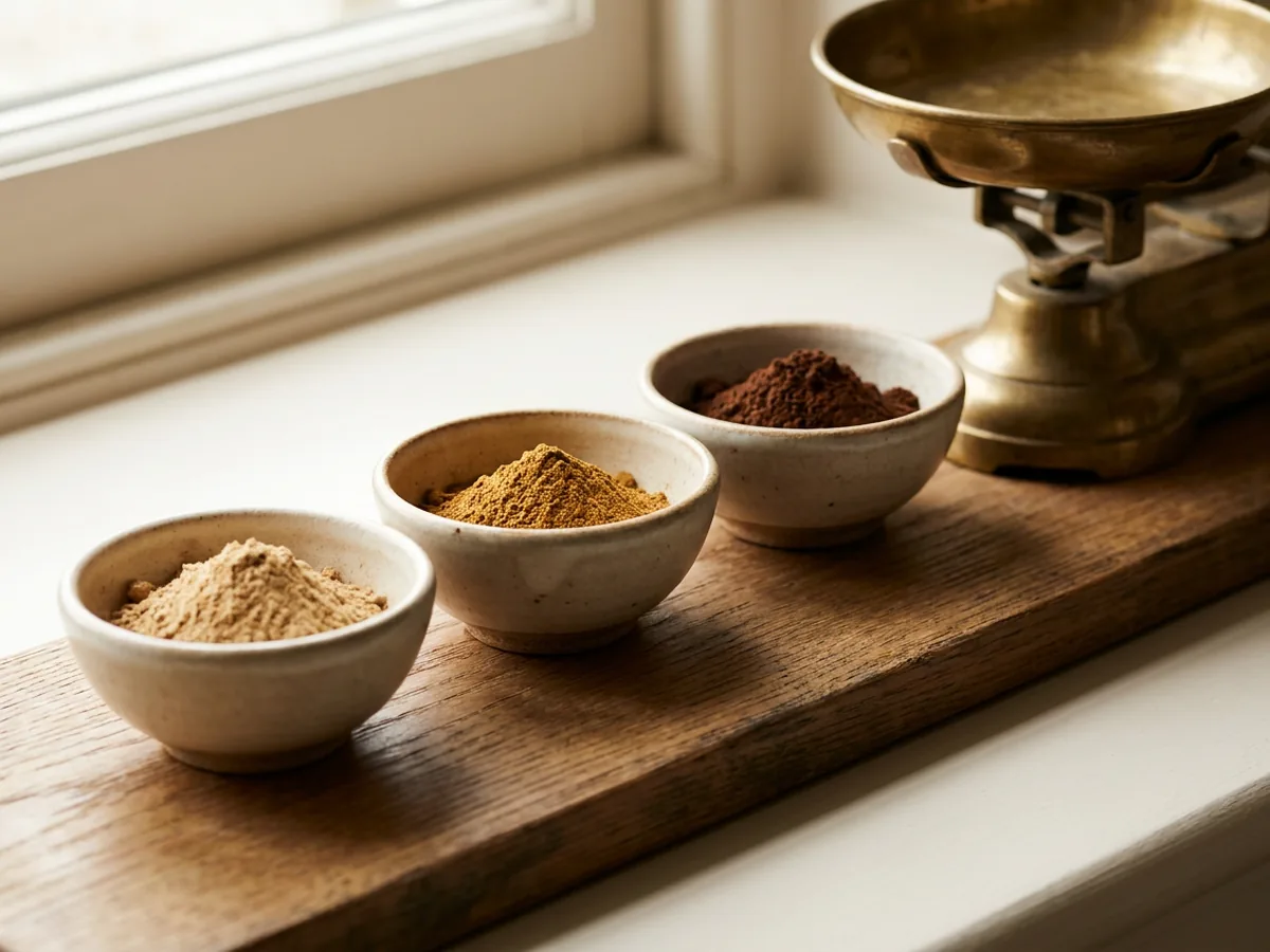 Trois petits bols en grès alignés contenant chacun une poudre de couleur différente, brun clair, ocre et brun sombre, une balance de cuisine ancienne en laiton à côté