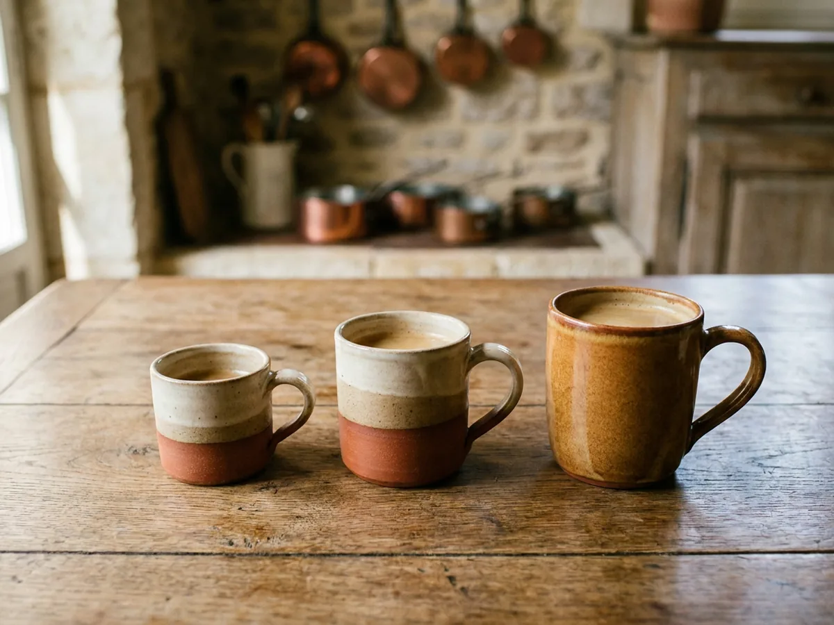 Trois tasses en grès artisanal alignées sur une table en chêne patiné, remplies de volumes de café croissants, de la plus petite à la plus grande