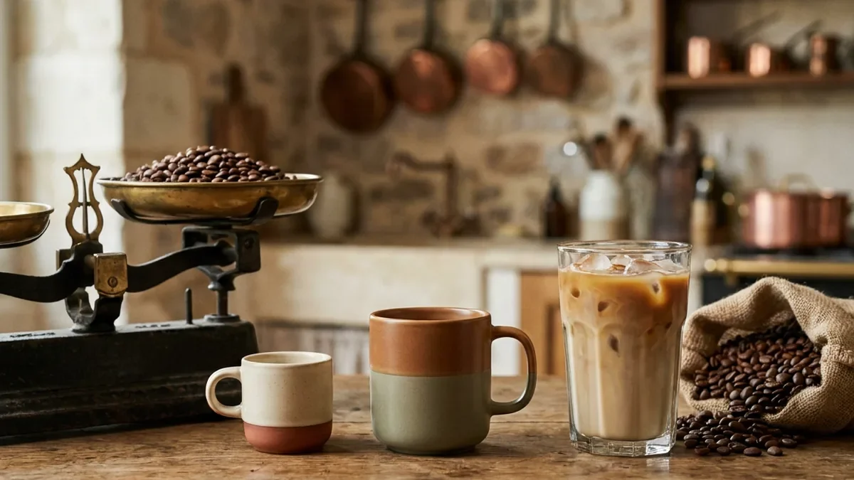 Trois tasses de café de tailles différentes alignées sur une table en chêne patiné, une tasse à espresso en grès, un mug moyen et un grand verre