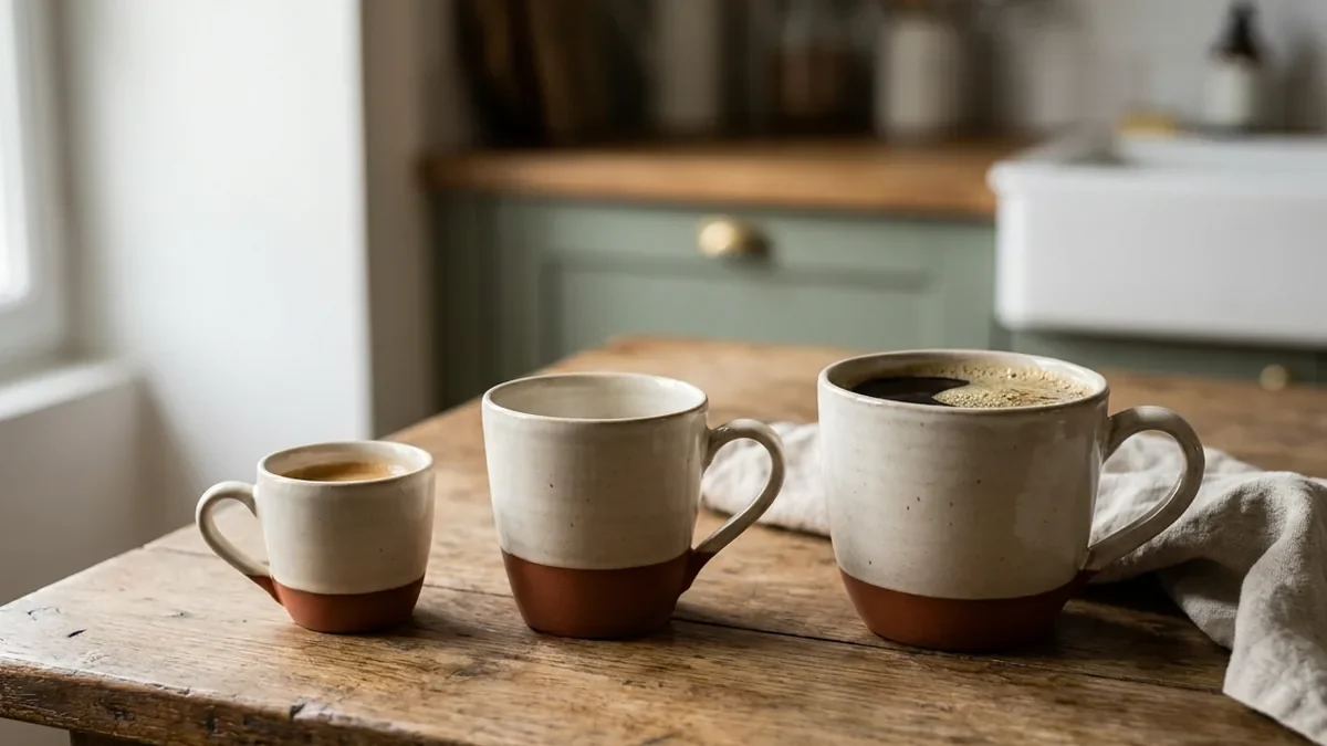 Trois tasses de tailles croissantes alignées, une petite tasse à espresso, une tasse allongée et un grand mug de café noir couronné de mousse