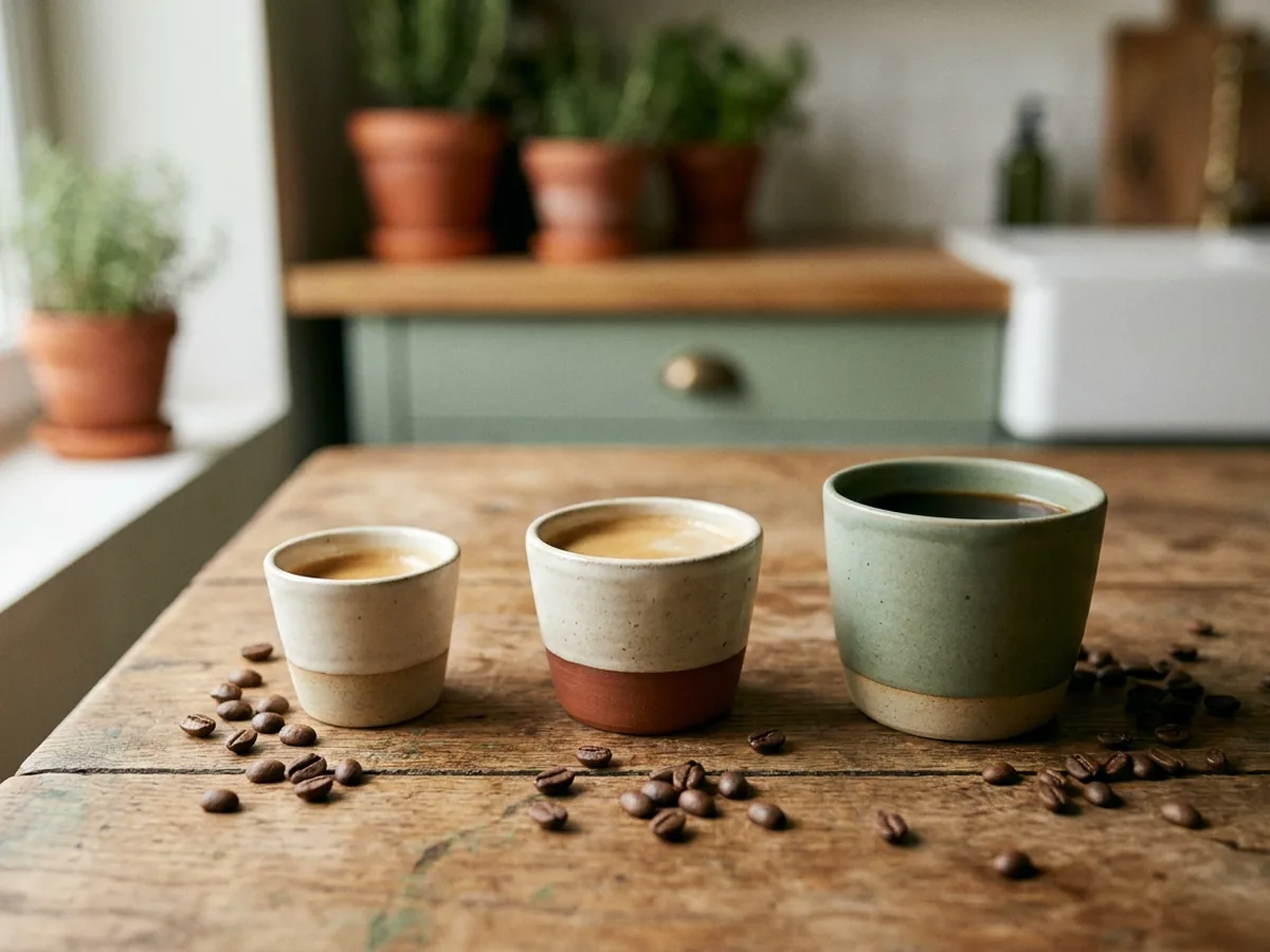 Trois tasses en grès artisanal alignées sur une table en chêne patiné, remplies de volumes de café croissants, du plus court au plus long