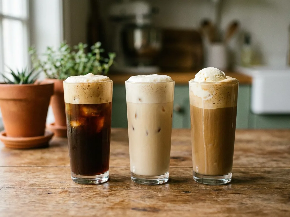 Trois grands verres de café frappé côte à côte, l'un allongé à l'eau, l'un au lait froid, l'un avec une boule de glace vanille