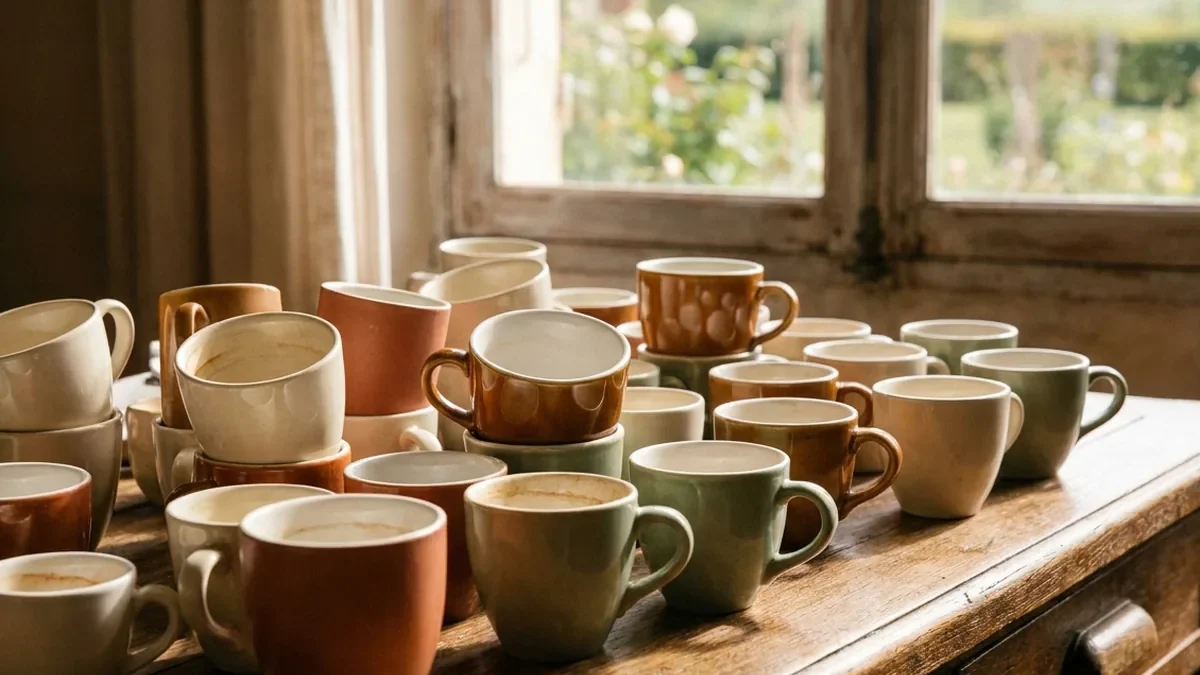 Plusieurs tasses de café vides et à moitié pleines éparpillées sur un bureau en chêne en fin de journée