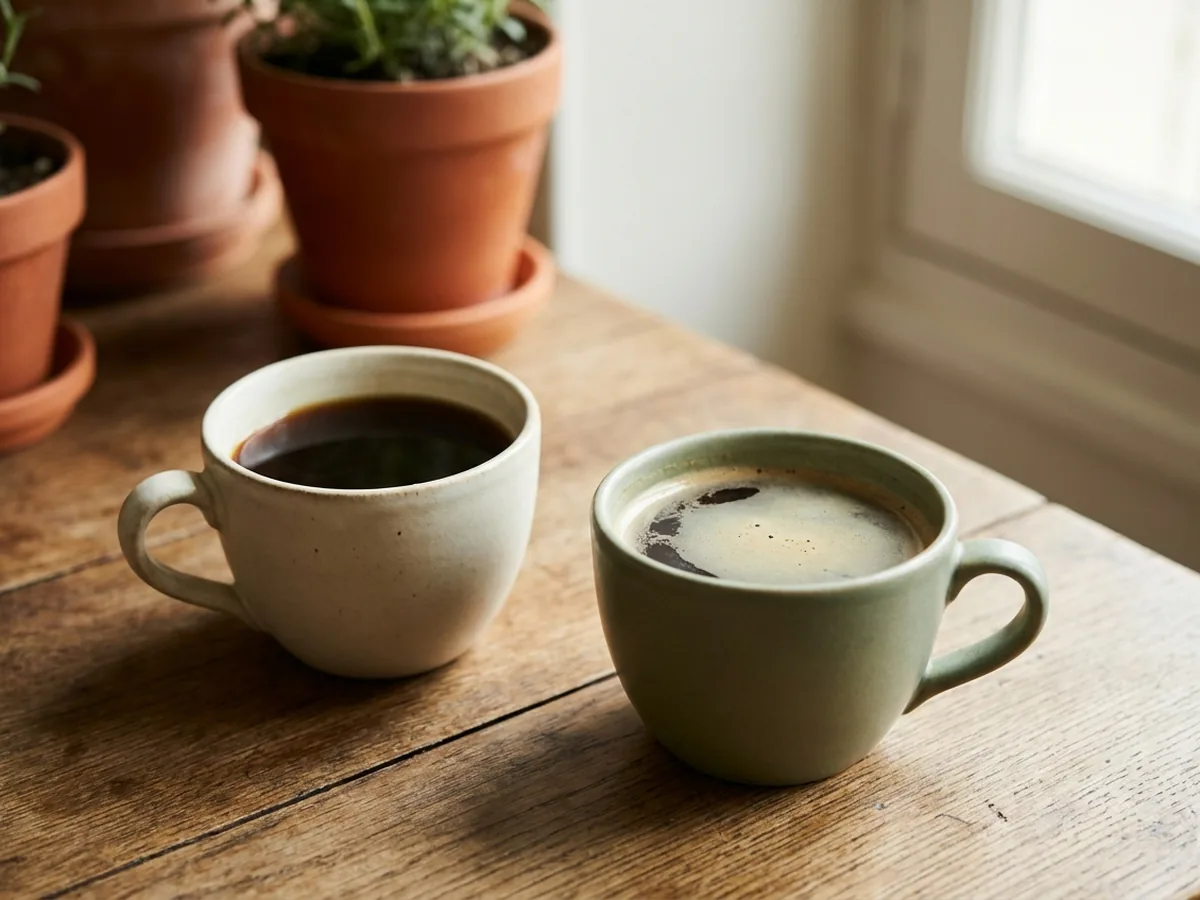 Deux tasses en grès artisanal remplies de café noir, l'une limpide et l'autre plus opaque avec un léger voile en surface