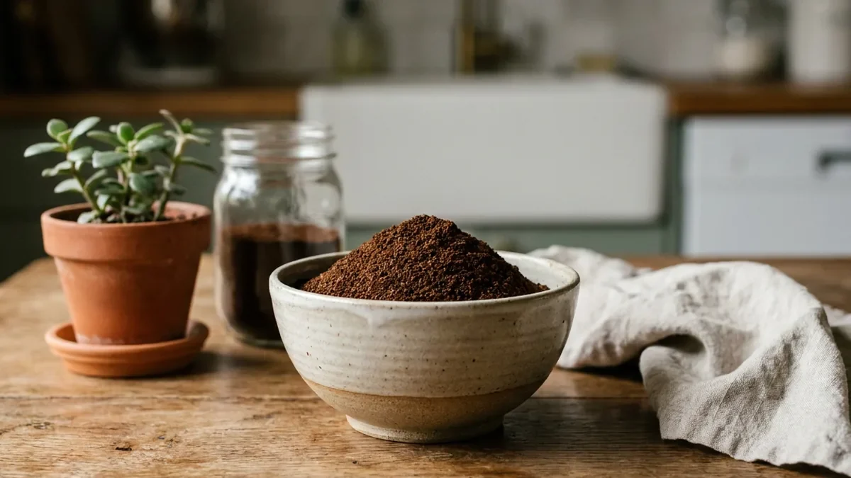 Bol en grès rempli de marc de café sec sur une table en chêne, entouré d'une plante en pot de terre cuite et d'un bocal en verre