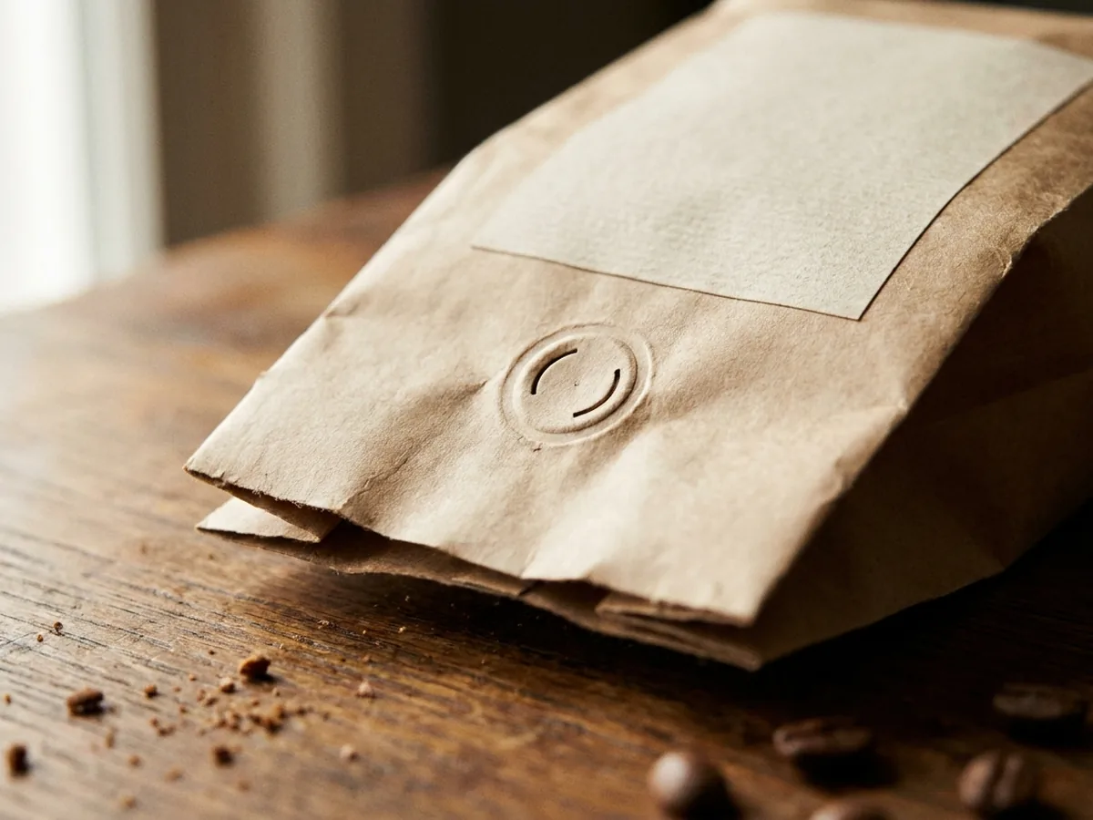 Gros plan sur le bas d'un paquet de café en grains posé sur une table en chêne, valve de dégazage ronde visible sur la face avant