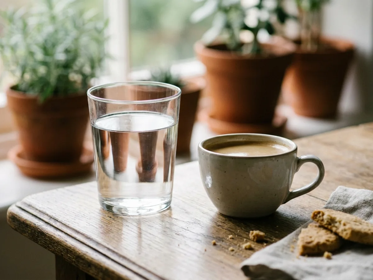 Grand verre d'eau et tasse de café côte à côte sur une table en chêne près d'une fenêtre