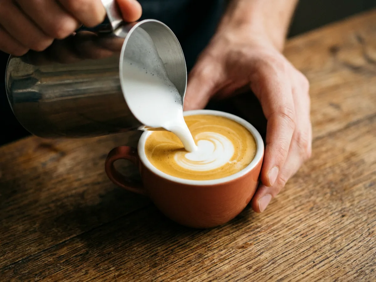 Versement du lait moussé depuis un pichet dans une tasse d'espresso