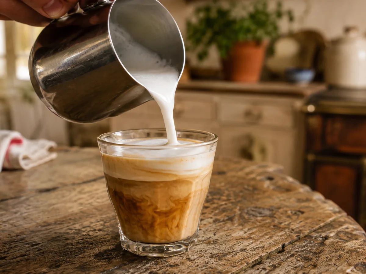 Versement du lait moussé depuis un pichet dans un verre d'espresso