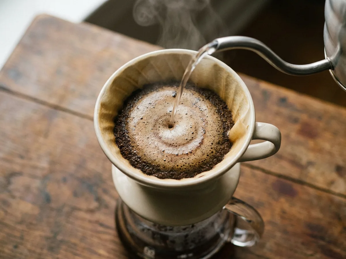 Vue du dessus d'un versement d'eau en spirale sur un lit de café dans un dripper conique