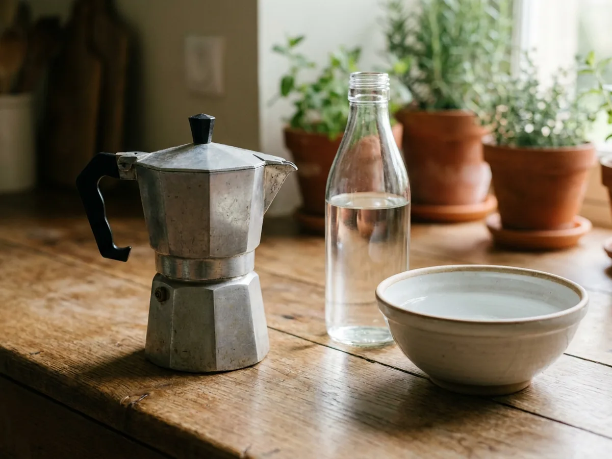 Bouteille de vinaigre blanc et bol d'eau à côté d'une cafetière italienne